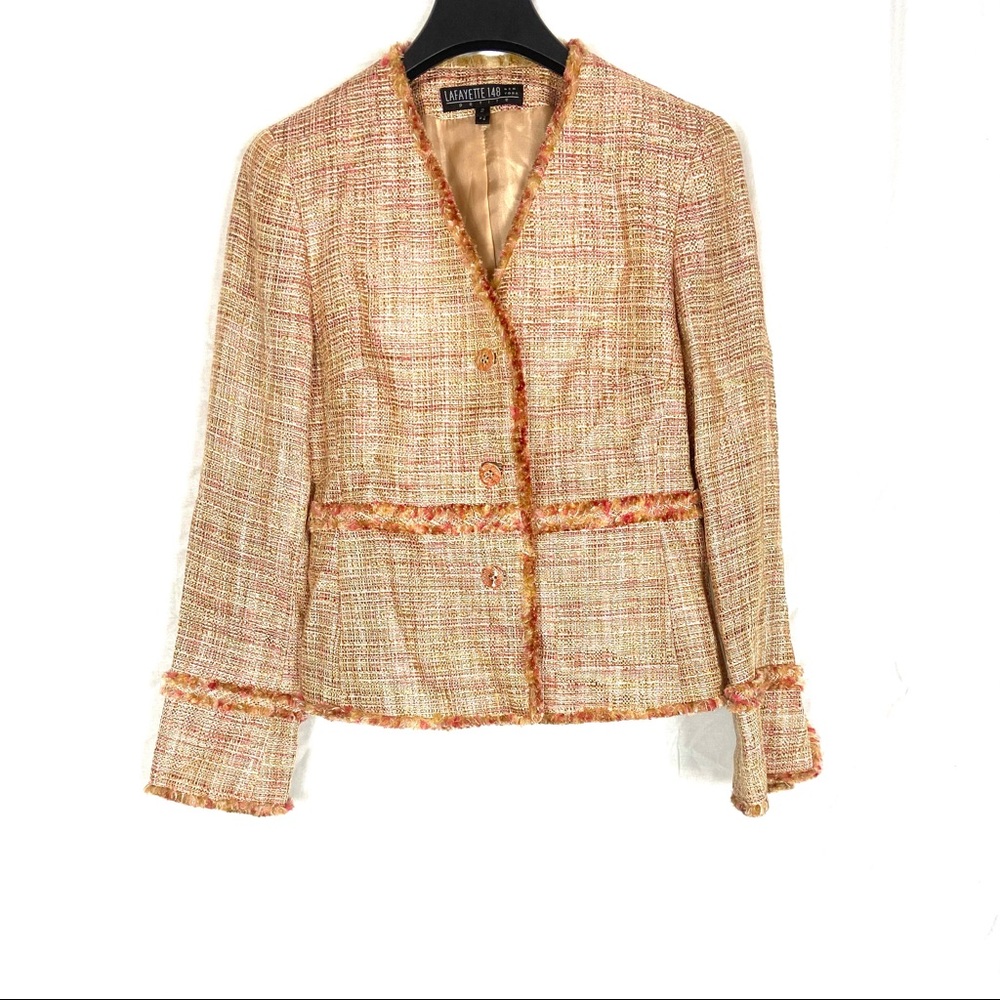Lafayette 148 pink tweed button down blazer jacket